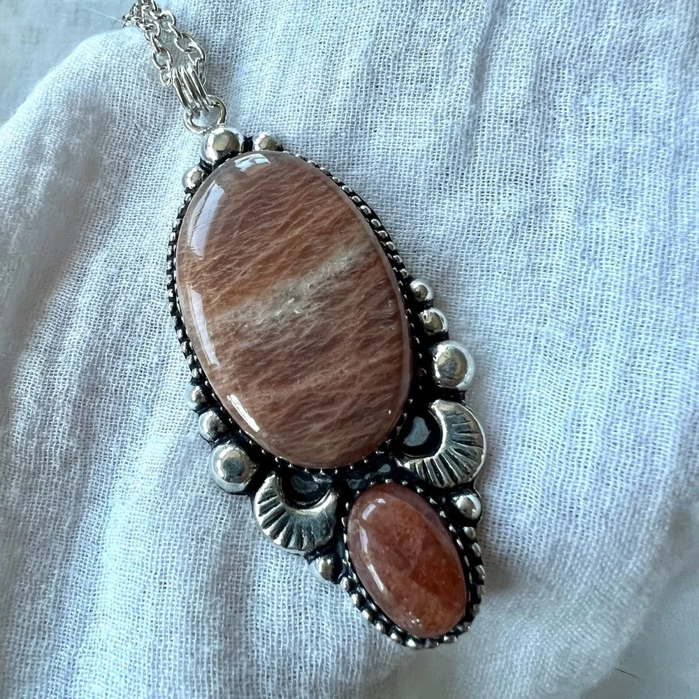 925 OMG OMG Dark Peach Moonstone + Strawberry Quartz Pendant Necklace